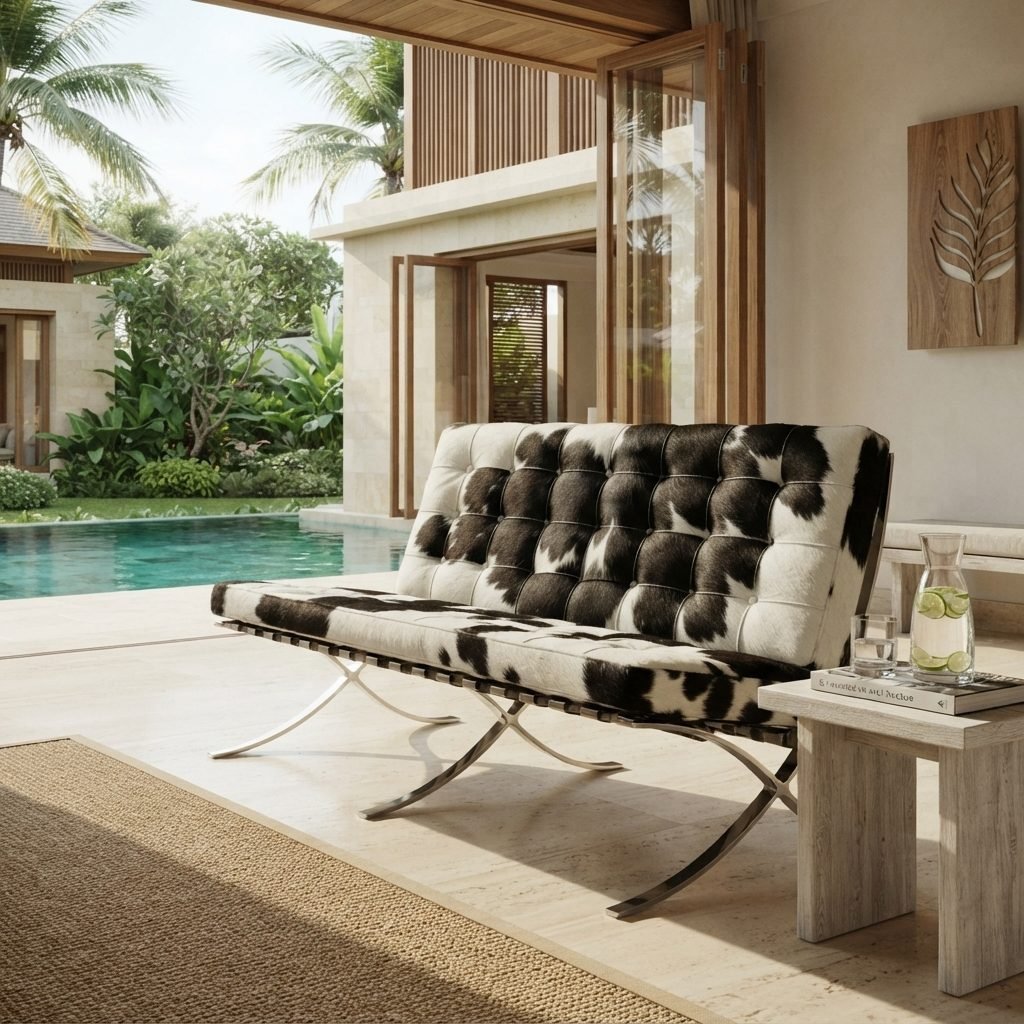 Poltrona Barcelona 2 Lugares Skin em pele preto e branco na varanda de uma casa com piscina, sobre tapete de fibra natural.