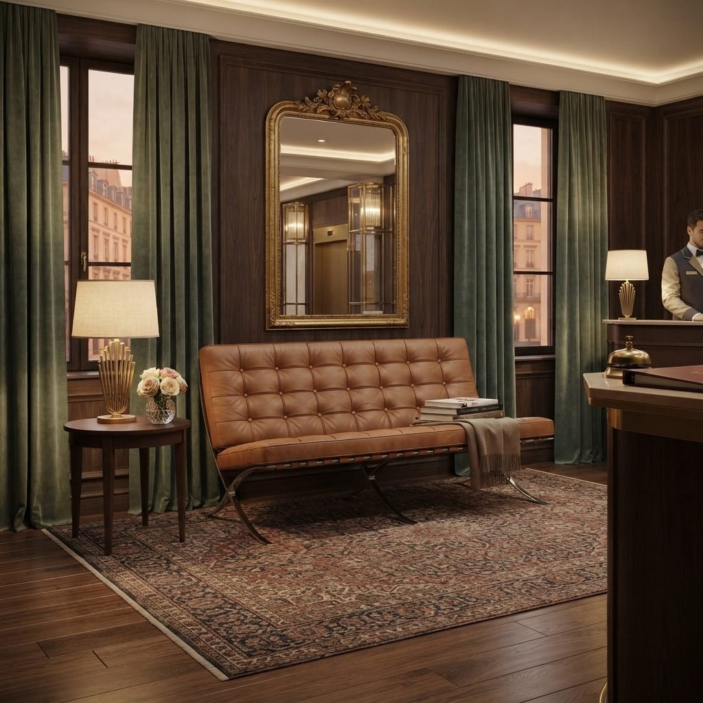 Poltrona Barcelona 2 Lugares em couro caramelo em lobby de hotel clássico, entre cortinas verdes e espelho dourado na parede.