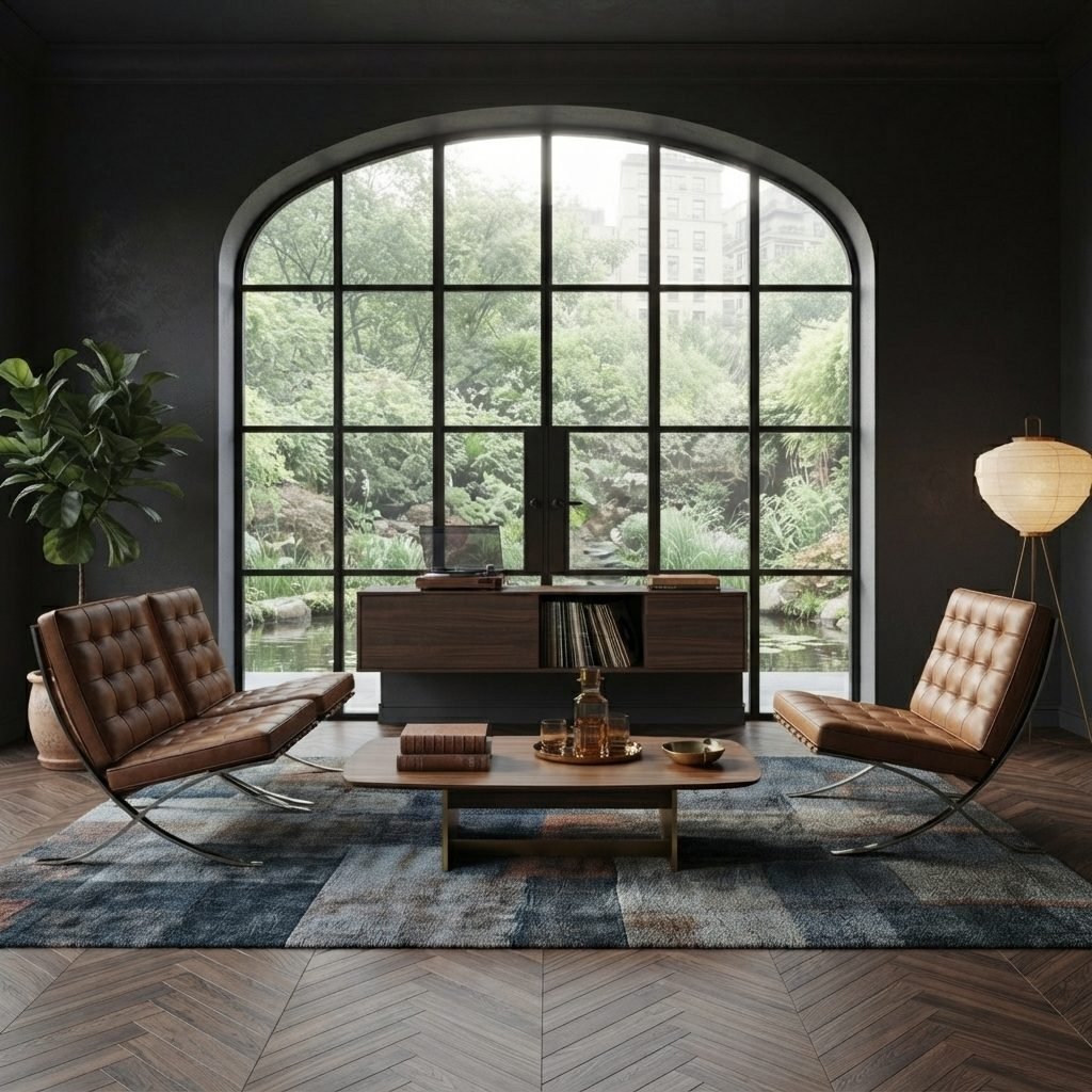 Duas Poltronas Barcelona em couro marrom numa sala de paredes escuras, diante de uma grande janela em arco, com mesa de centro e tapete azul