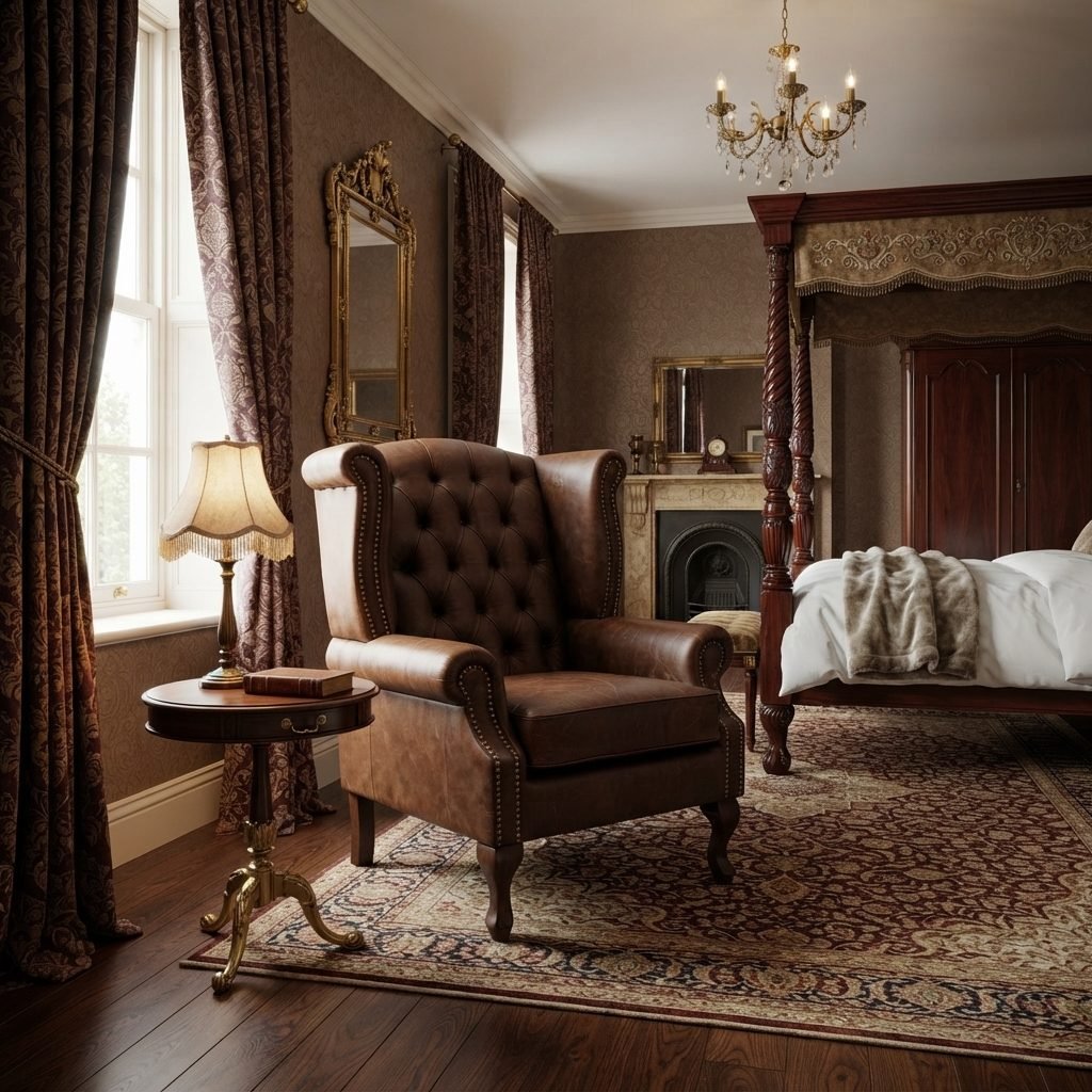 Poltrona Berger capitonê em couro marrom, em quarto clássico com lareira, lustre de cristal e tapete persa.