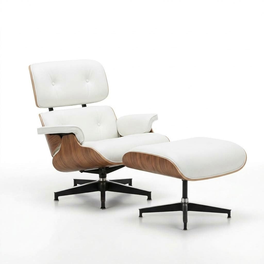 Poltrona Charles Eames em couro branco com puff, casco de madeira clara folheada e base giratória de alumínio preto, em vista de três quartos.
