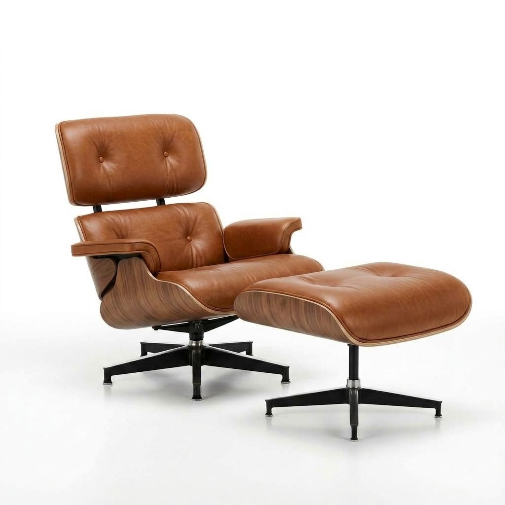 Poltrona Charles Eames em couro caramelo com puff, casco de madeira folheada e base giratória de alumínio preto, em vista de três quartos.