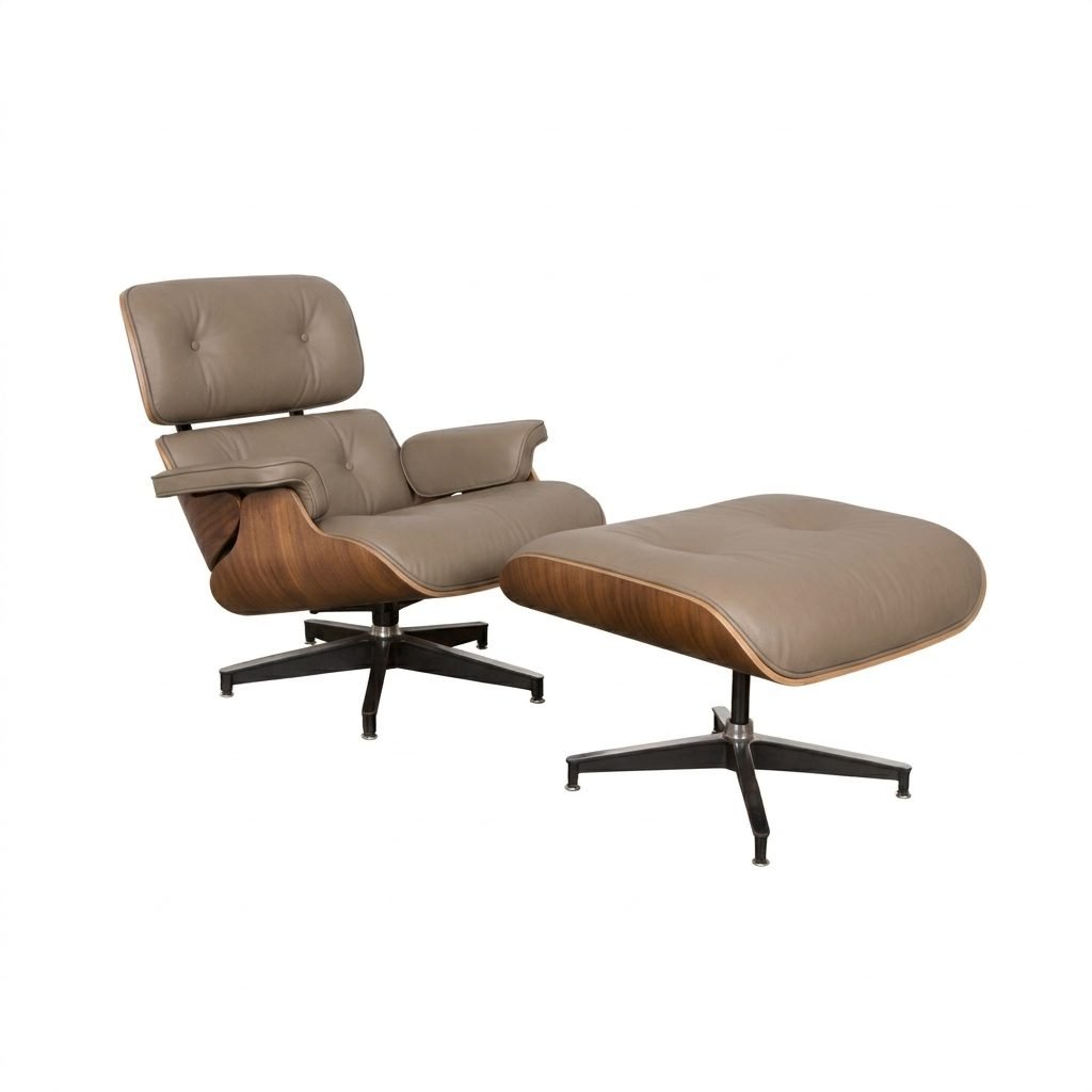 Poltrona Charles Eames em couro cinza taupe com puff, almofadas capitonê e casco de madeira folheada sobre base giratória de alumínio preto.