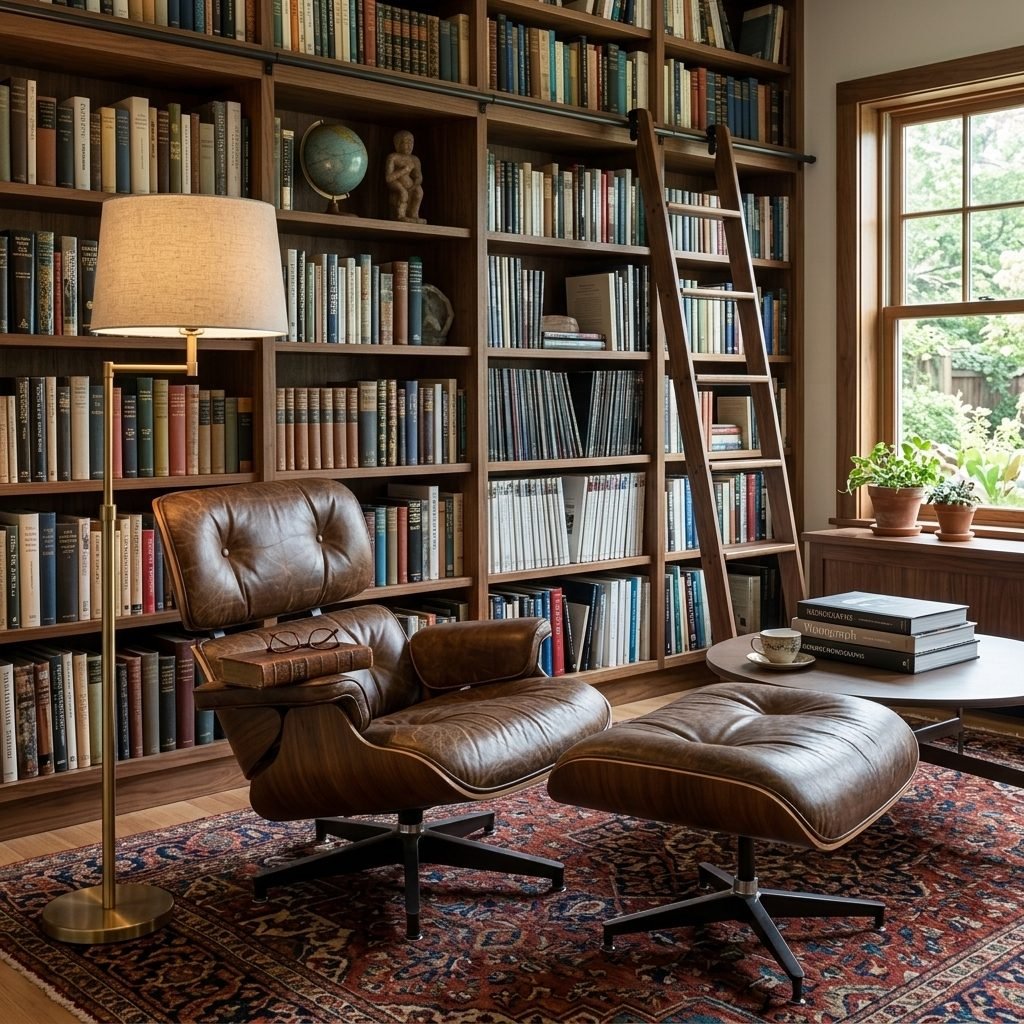 Poltrona Charles Eames em couro marrom envelhecido com puff, em biblioteca com estantes cheias de livros, escada de madeira e luminária de piso.