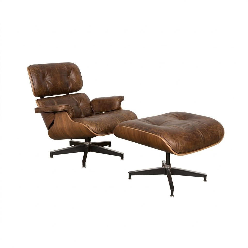 Poltrona Charles Eames em couro marrom envelhecido com puff, com marcas de uso no couro, casco de madeira folheada e base giratória preta.