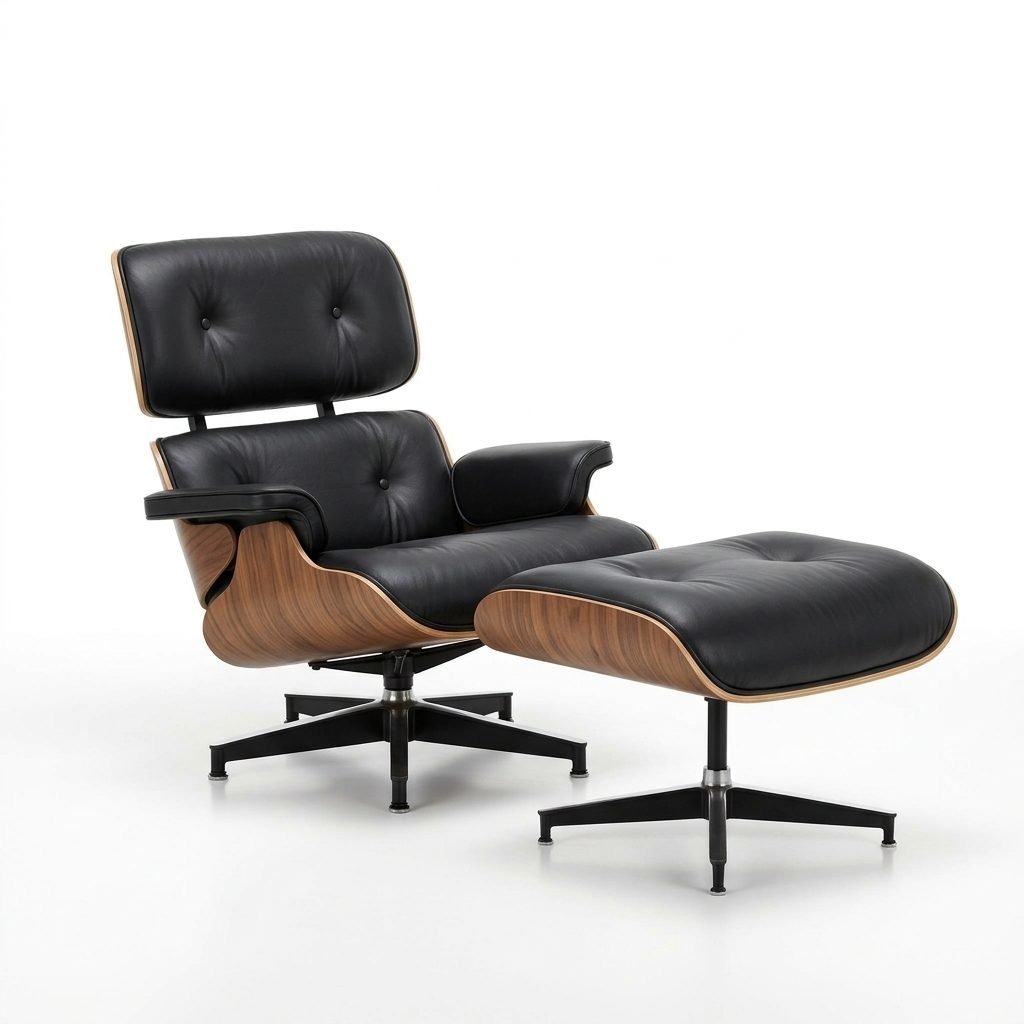 Poltrona Charles Eames em couro preto com puff, almofadas capitonê, casco de madeira folheada e base giratória em estrela, em vista de três quartos.