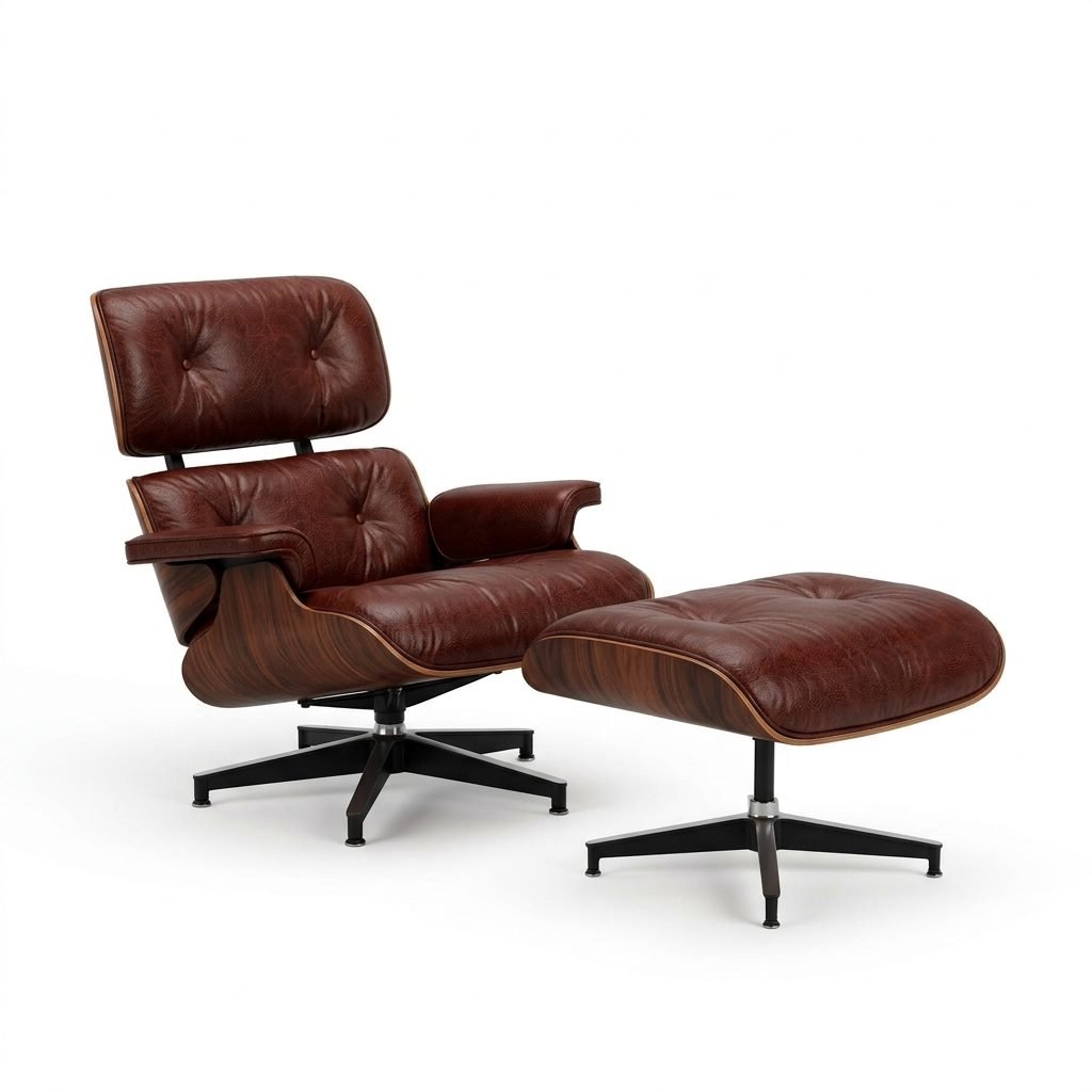 Poltrona Charles Eames em couro vinho envelhecido com puff, almofadas capitonê e casco de madeira sobre base giratória preta, em vista de três quartos.
