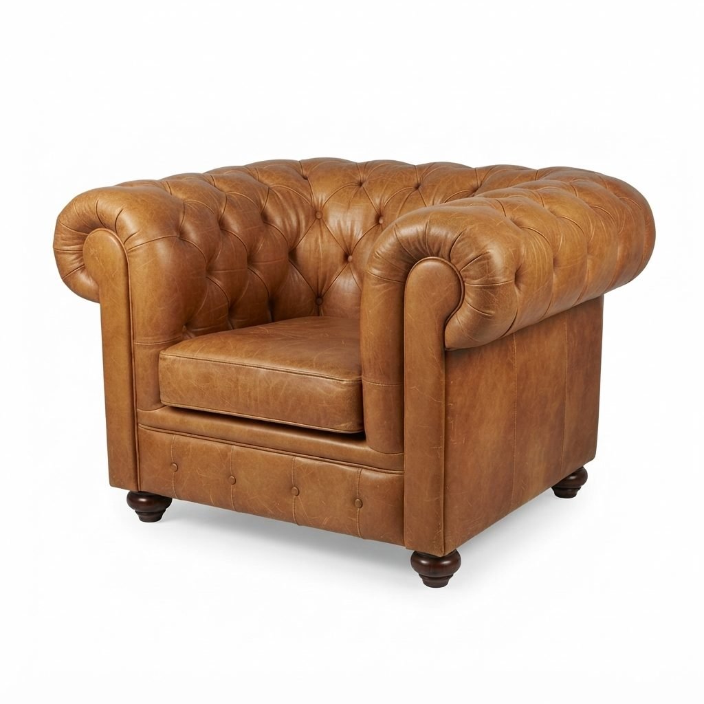 Poltrona Chesterfield/Chanceler Modelo-A Plus estofada em couro caramelo, com capitonê e pés de madeira, sobre fundo branco.