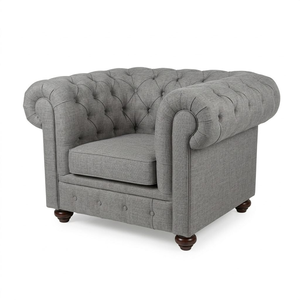 Poltrona Chesterfield/Chanceler Modelo-A Plus estofada em tecido cinza, com capitonê e pés de madeira, sobre fundo branco.