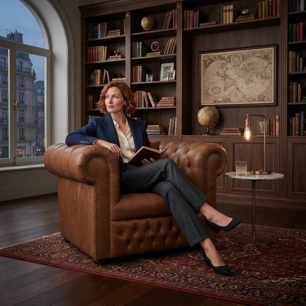 Poltrona Chesterfield Chanceler em couro marrom numa biblioteca de madeira, com uma mulher sentada lendo um livro e um tapete persa no chão