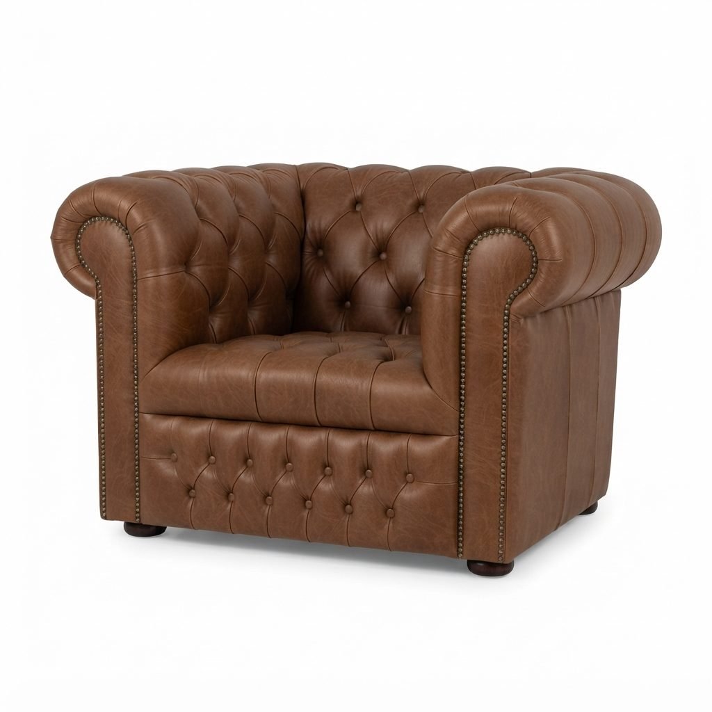 Poltrona Chesterfield Chanceler em couro caramelo, com capitonê nos botões e tachas ao longo dos braços, vista de três quartos sobre fundo branco