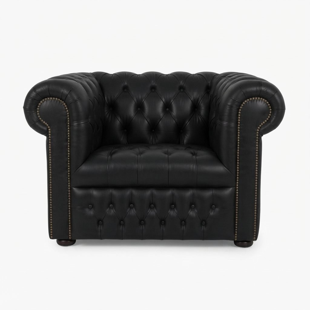 Poltrona Chesterfield Chanceler em couro preto vista de frente, mostrando o capitonê do encosto e da frente do assento