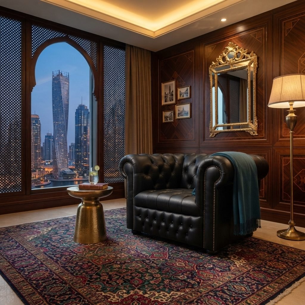 Poltrona Chesterfield Chanceler em couro preto numa sala com paredes de madeira e janela em arco com vista noturna da cidade, com manta azul sobre o braço