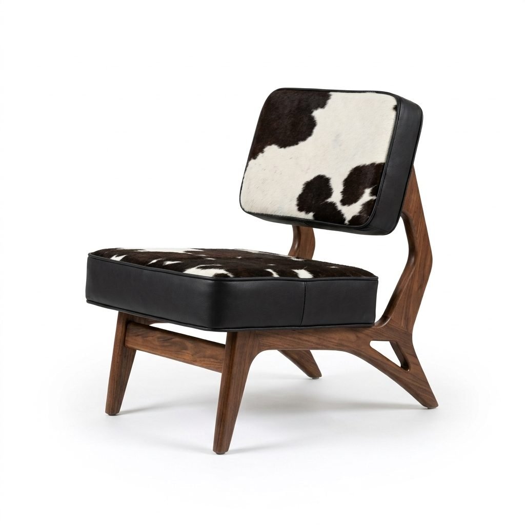 Poltrona Grilo em pele natural preto e branco com laterais debruadas em couro preto e pés de madeira maciça, vista de três quartos.