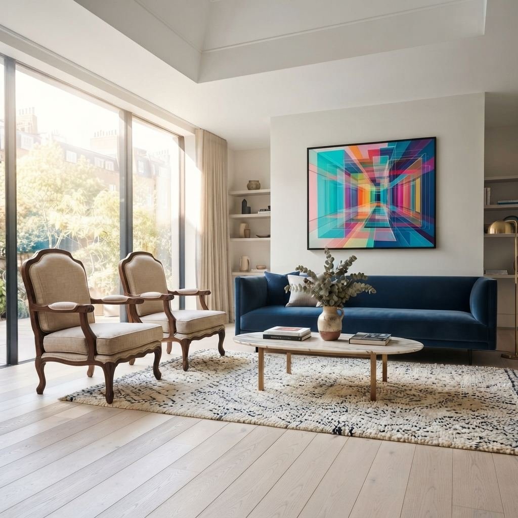 Poltrona Imperial em sala de estar com sofá azul