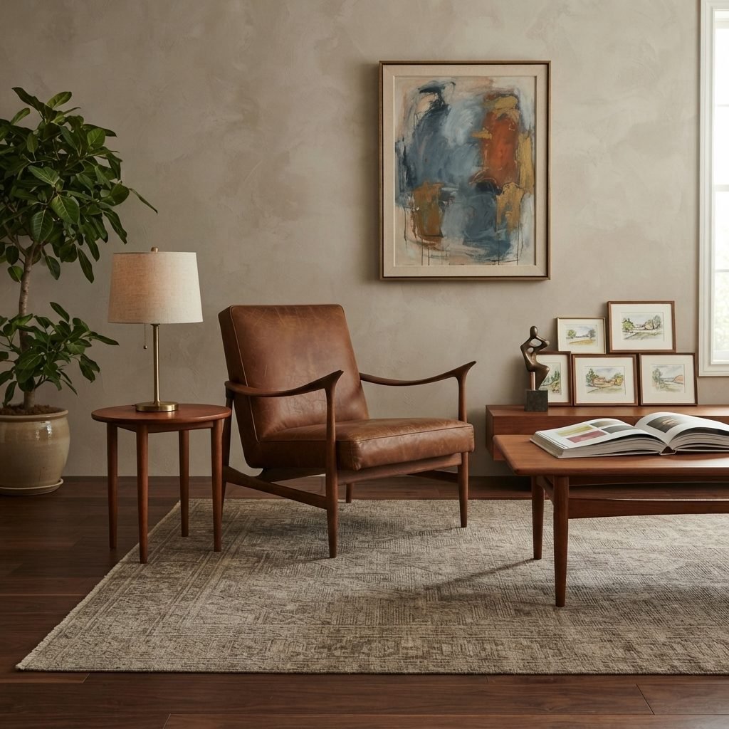 Poltrona Jangada em couro marrom numa sala de estar, entre uma mesa lateral com abajur e um aparador de madeira, com quadro abstrato na parede