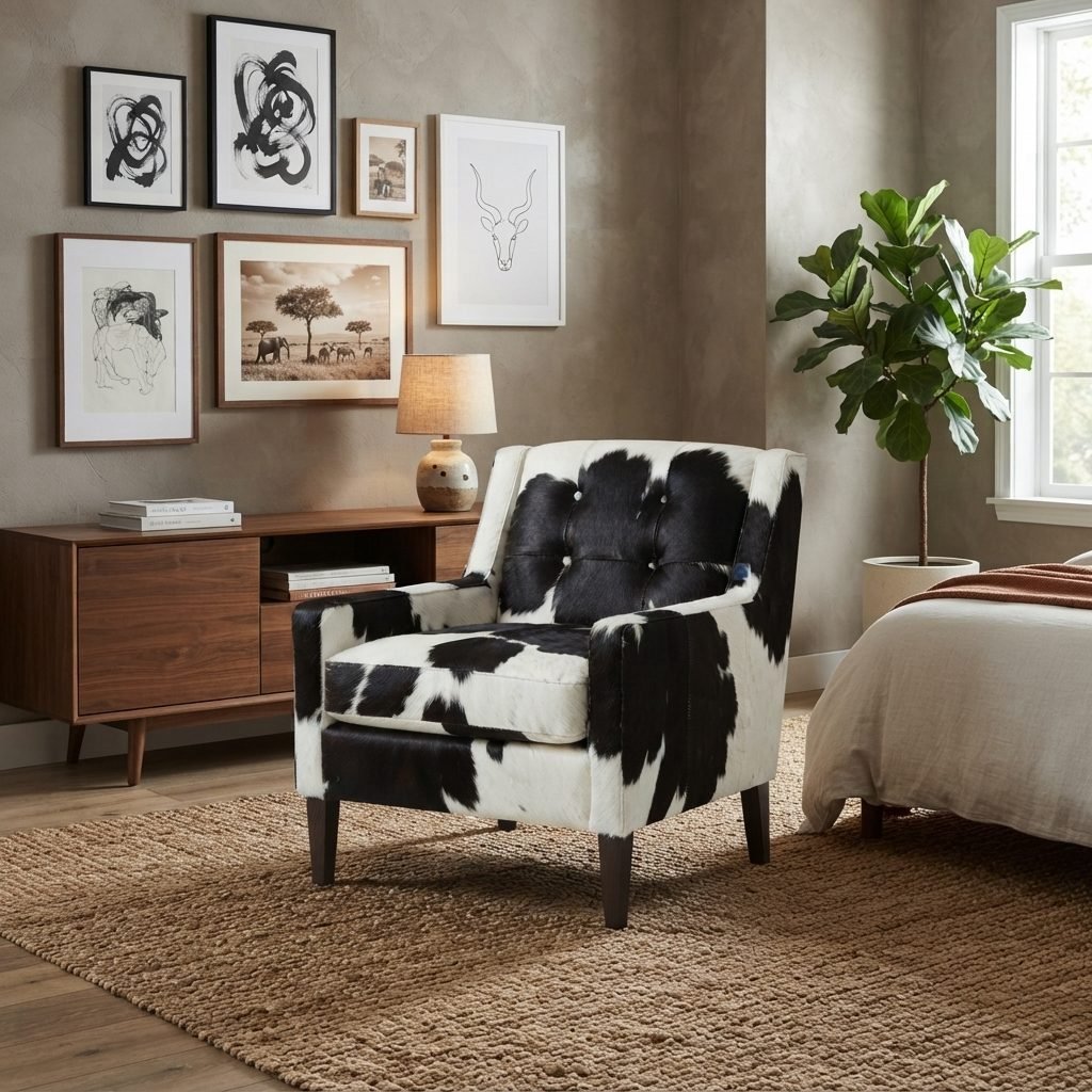 Poltrona PO 327 Skin em pele natural malhada preta e branca, em quarto com tapete de juta, buffet de madeira e uma parede de quadros emoldurados.