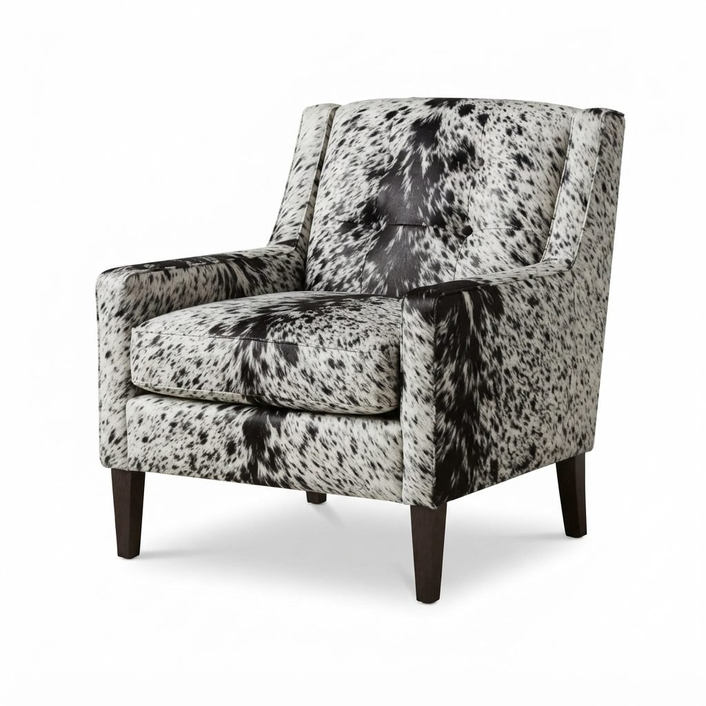 Poltrona PO 327 Skin em pele natural salpicada de preto e branco, com encosto capitonê e pés palito de madeira escura, em vista de três quartos.