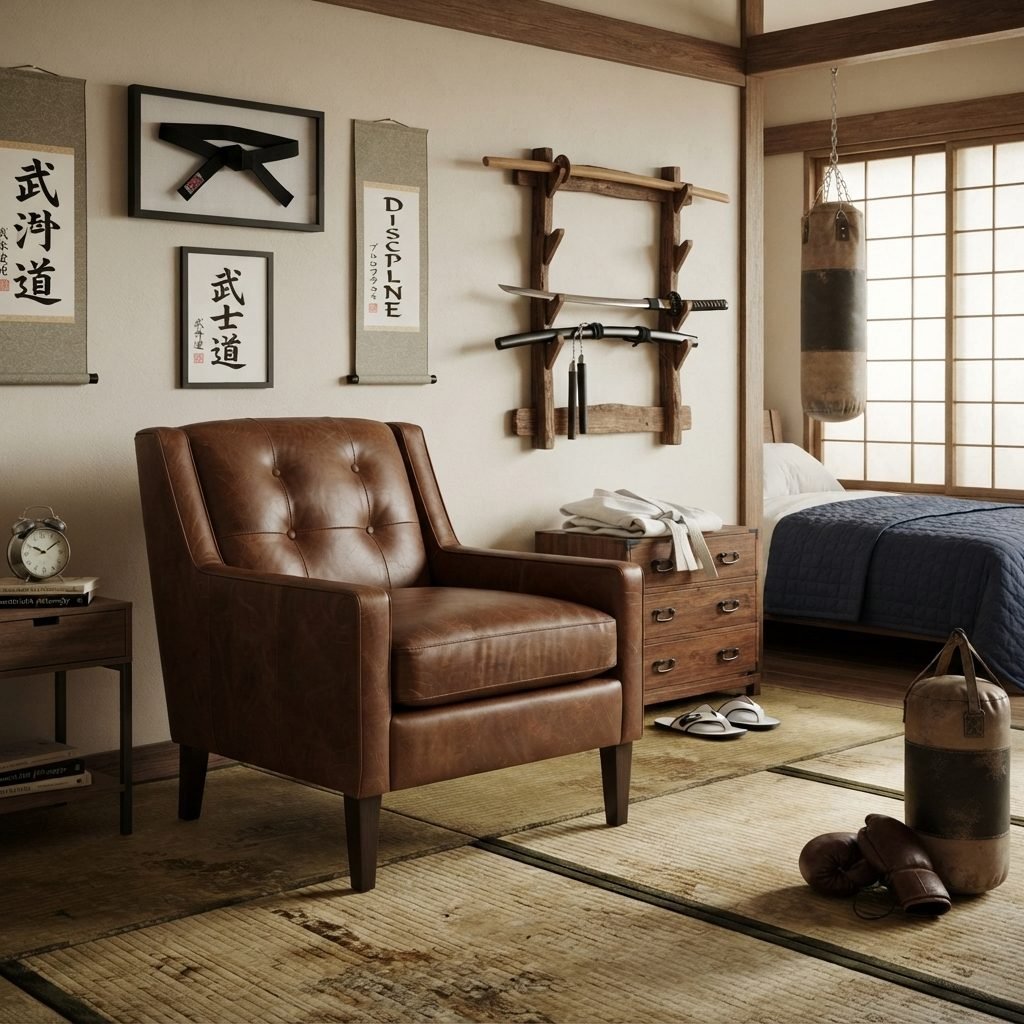 Poltrona PO 327 em couro marrom num quarto de estilo japonês, ao lado de cômoda de madeira, com tatame no chão e quadros de caligrafia na parede.