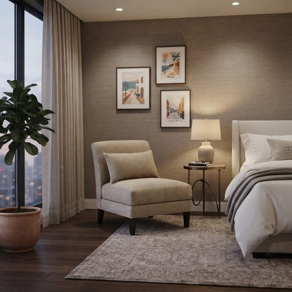 Poltrona PO 338 em tecido bege num quarto, ao lado da cama e de uma mesa de canto com abajur, com quadros na parede e janela com vista da cidade