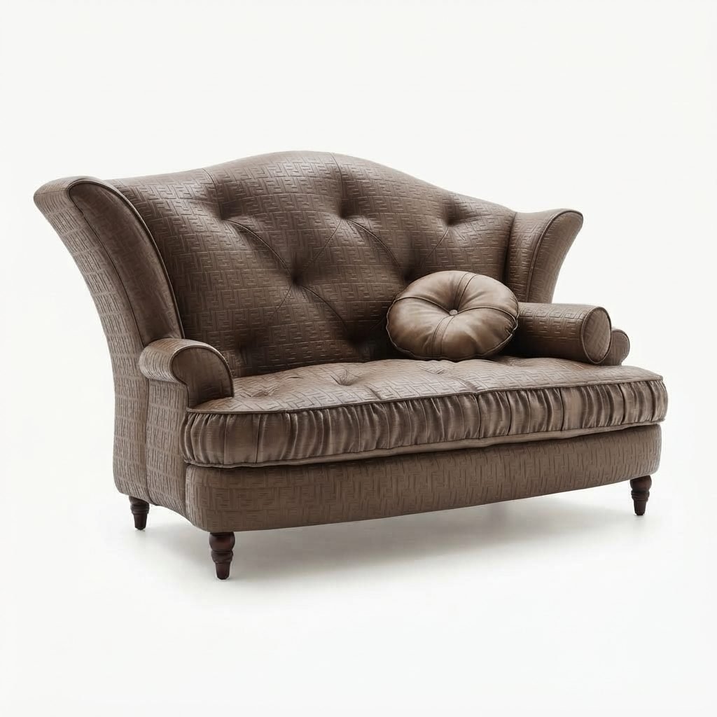 Poltrona PO 351 de encosto alto capitonê, com almofada solta, estofada em tecido taupe, sobre fundo branco.