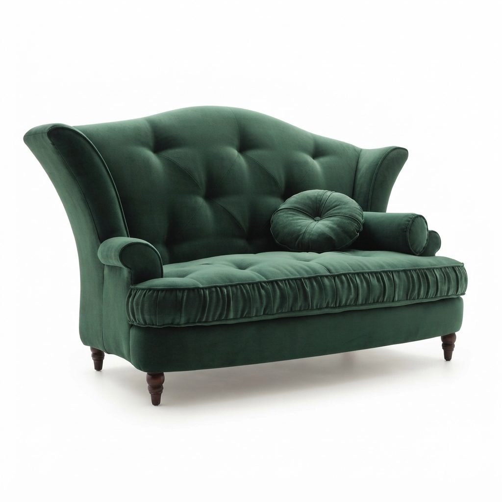 Poltrona PO 351 de encosto alto capitonê, com almofada solta, estofada em veludo verde, sobre fundo branco.