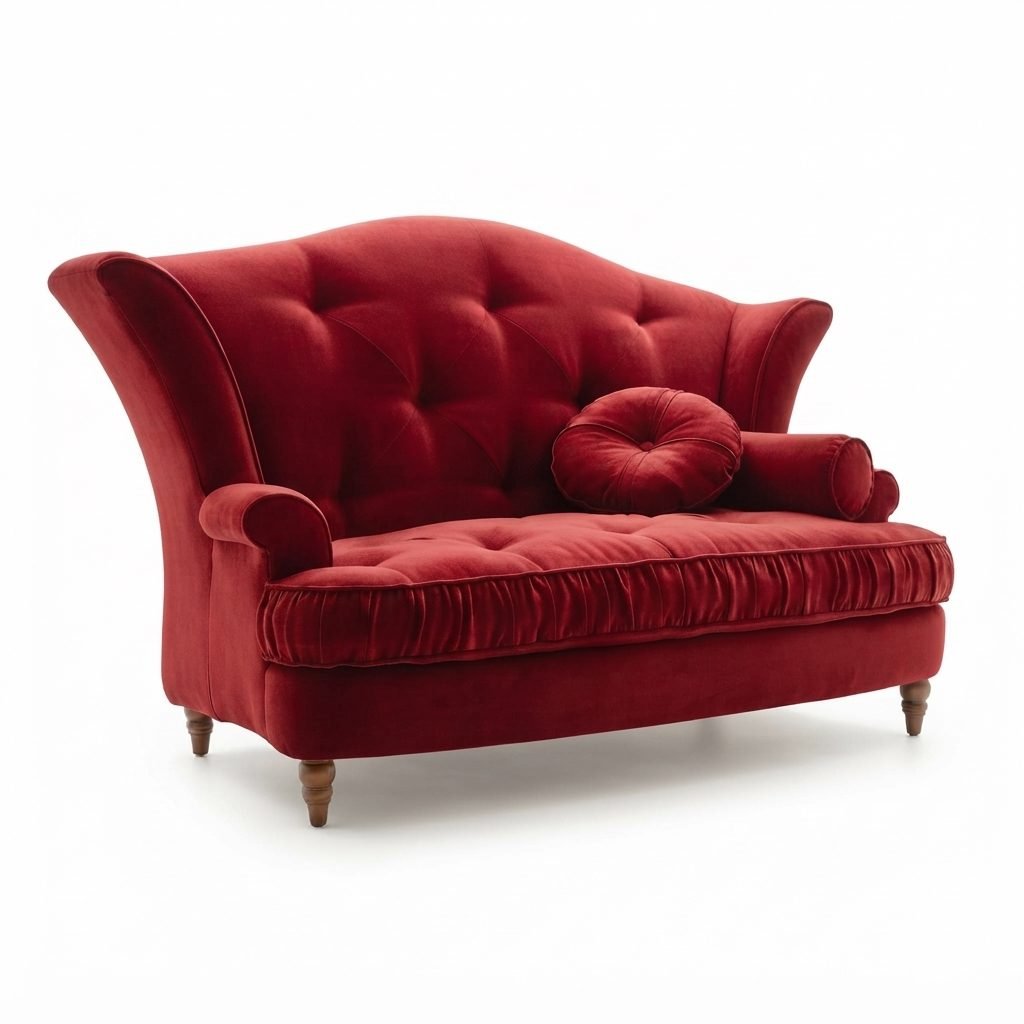Poltrona PO 351 de encosto alto capitonê, com almofada solta, estofada em veludo vermelho, sobre fundo branco.
