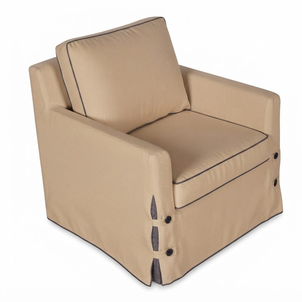 Poltrona Talita com capa bege areia e vivo escuro, braços retos e saia abotoada na lateral, vista de três quartos.