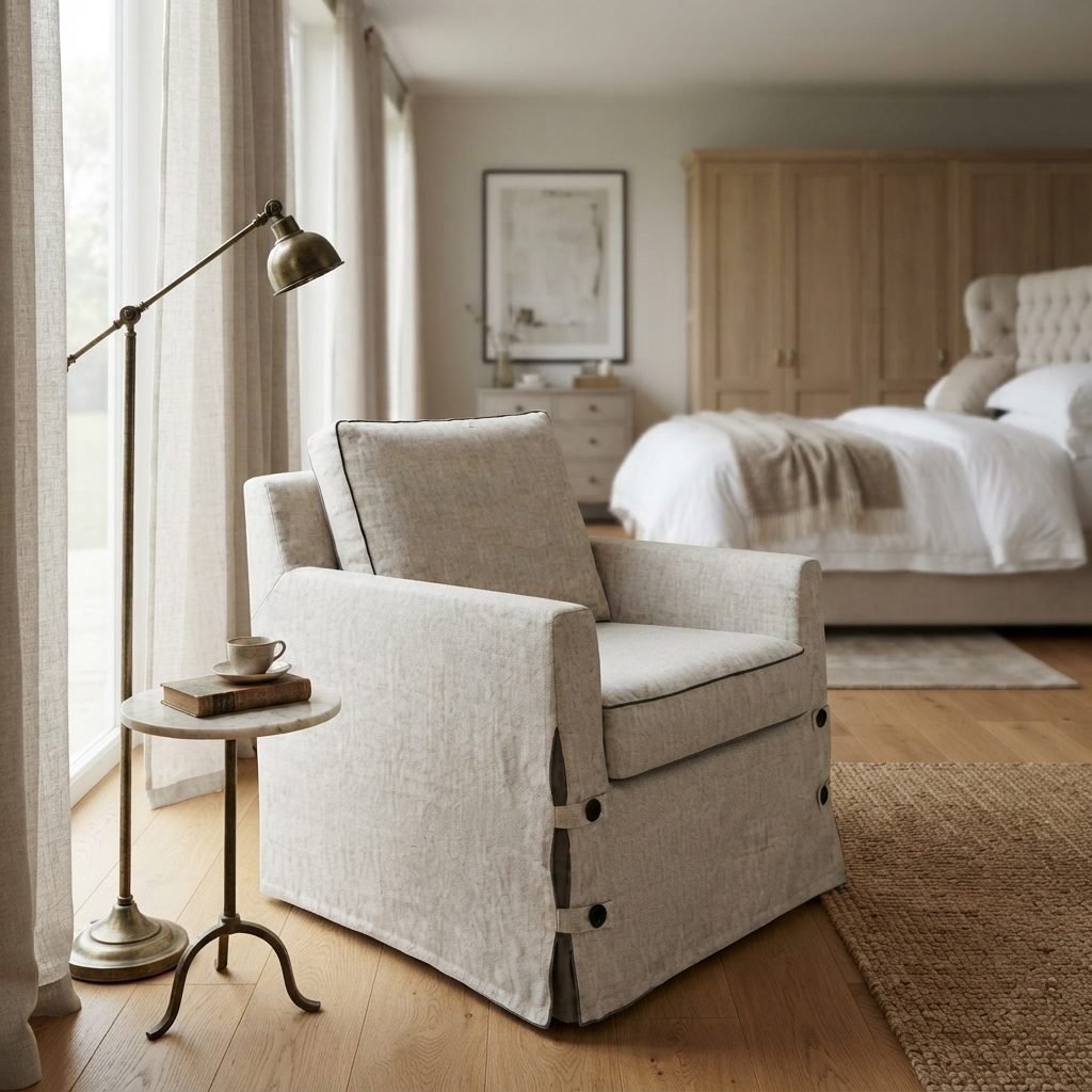 Poltrona Talita com capa de linho cru, em quarto claro com luminária de piso, mesa lateral de mármore e tapete de juta.