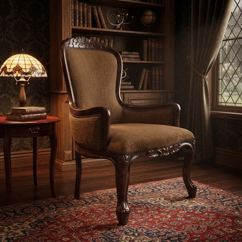 Poltrona Vitoriana em biblioteca com luminária