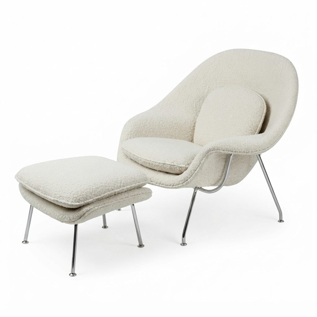 Poltrona Womb em bouclê off-white com puff, concha macia e pés finos de aço cromado, vista de três quartos em fundo claro.