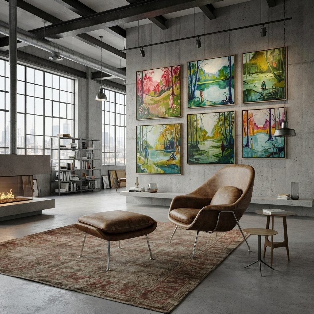 Puff Womb em couro marrom, num loft industrial decorado com quadros coloridos.