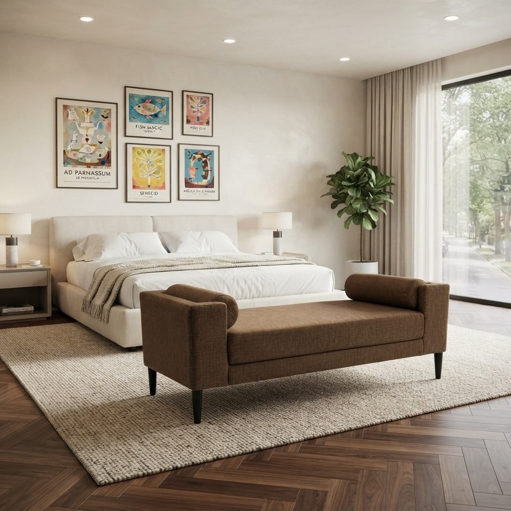 Recamier Evan em tweed cor de ferrugem, aos pés da cama num quarto com quadros coloridos e tapete claro.