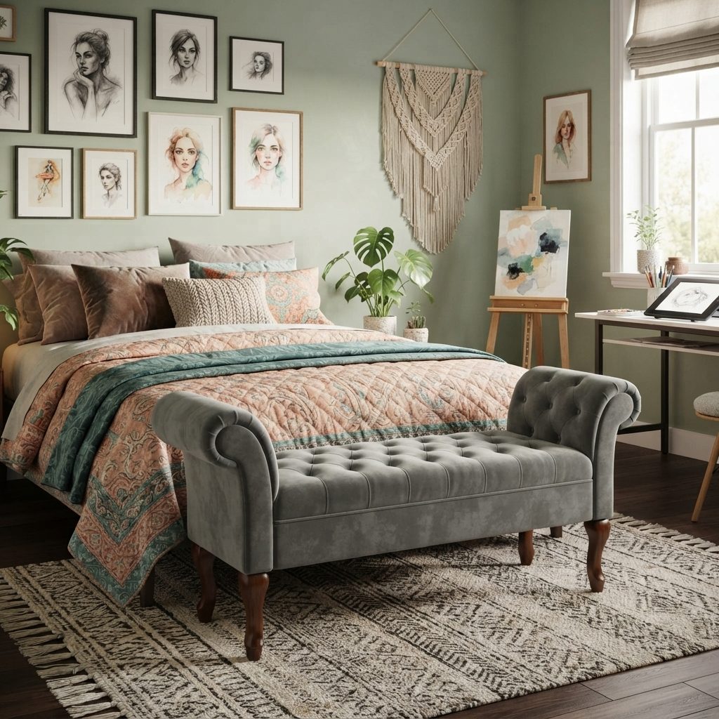 Recamier Princesa em veludo cinza aos pés de uma cama com colcha rosa e verde, num quarto com galeria de retratos na parede.