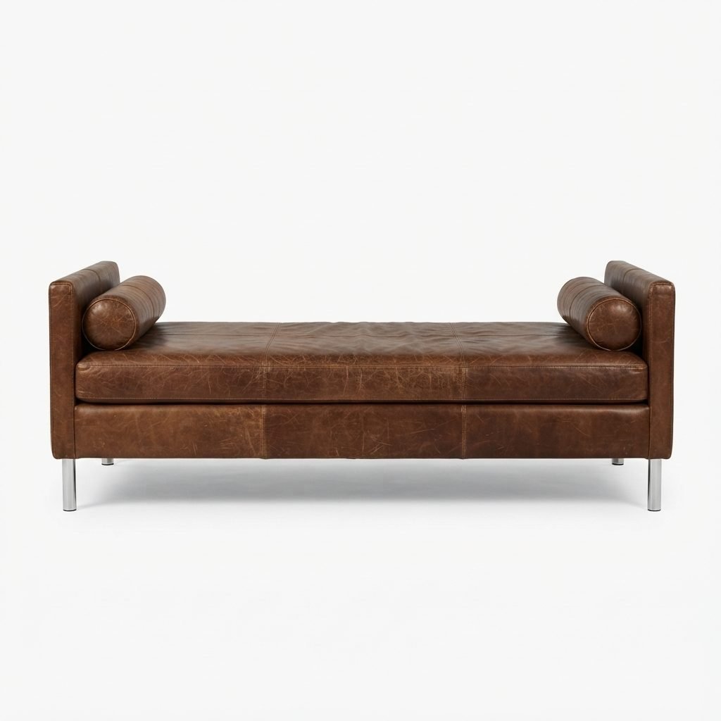 Recamier RE 301 em couro caramelo com textura envelhecida, braços em bolster arredondados e pés em metal cromado, vista frontal em fundo neutro.