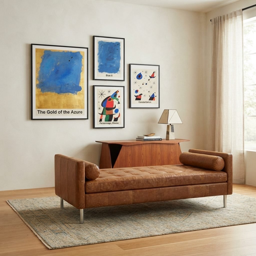 Recamier RE 301 em couro caramelo, ambientado em sala de estar com galeria de quadros coloridos, tapete estampado e aparador de madeira.