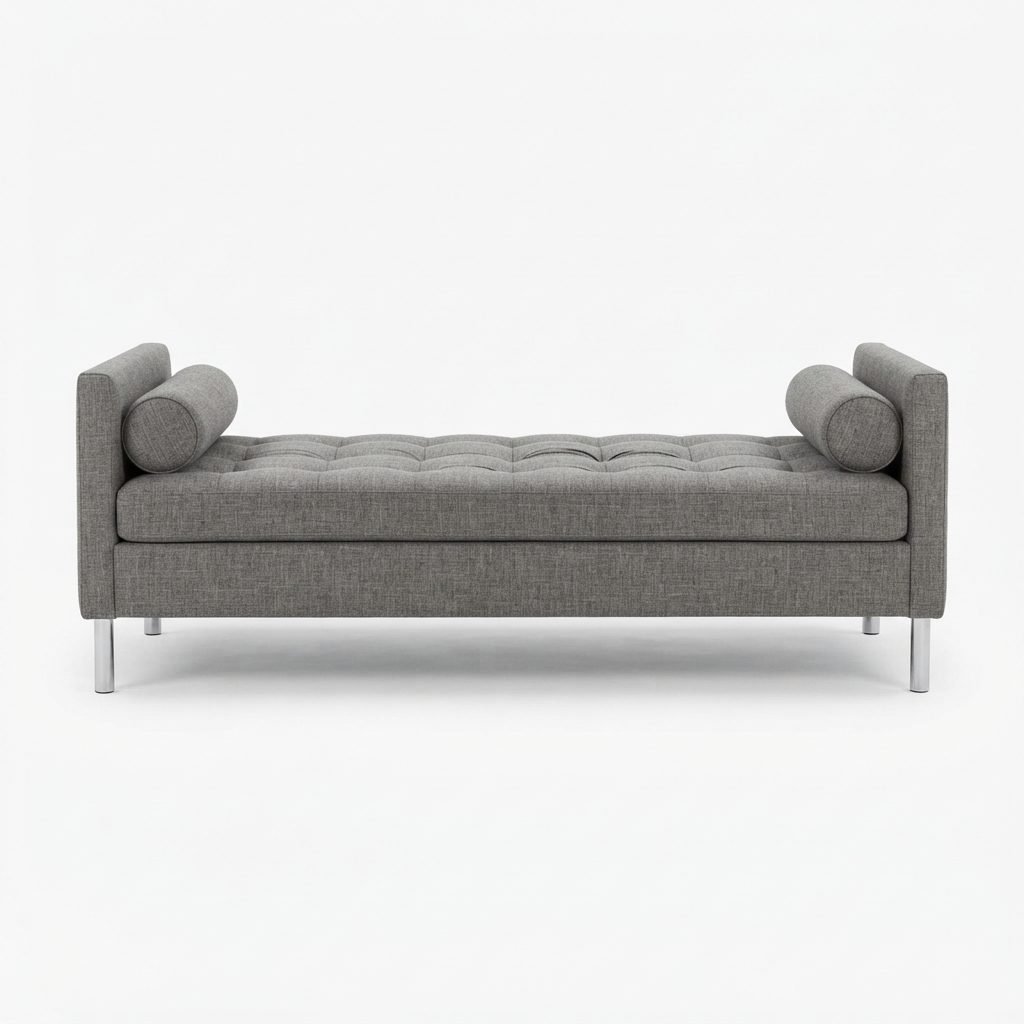 Recamier RE 301 em tecido cinza médio com estofado capitonê em losango, braços em bolster arredondados e pés em metal cromado, vista frontal.
