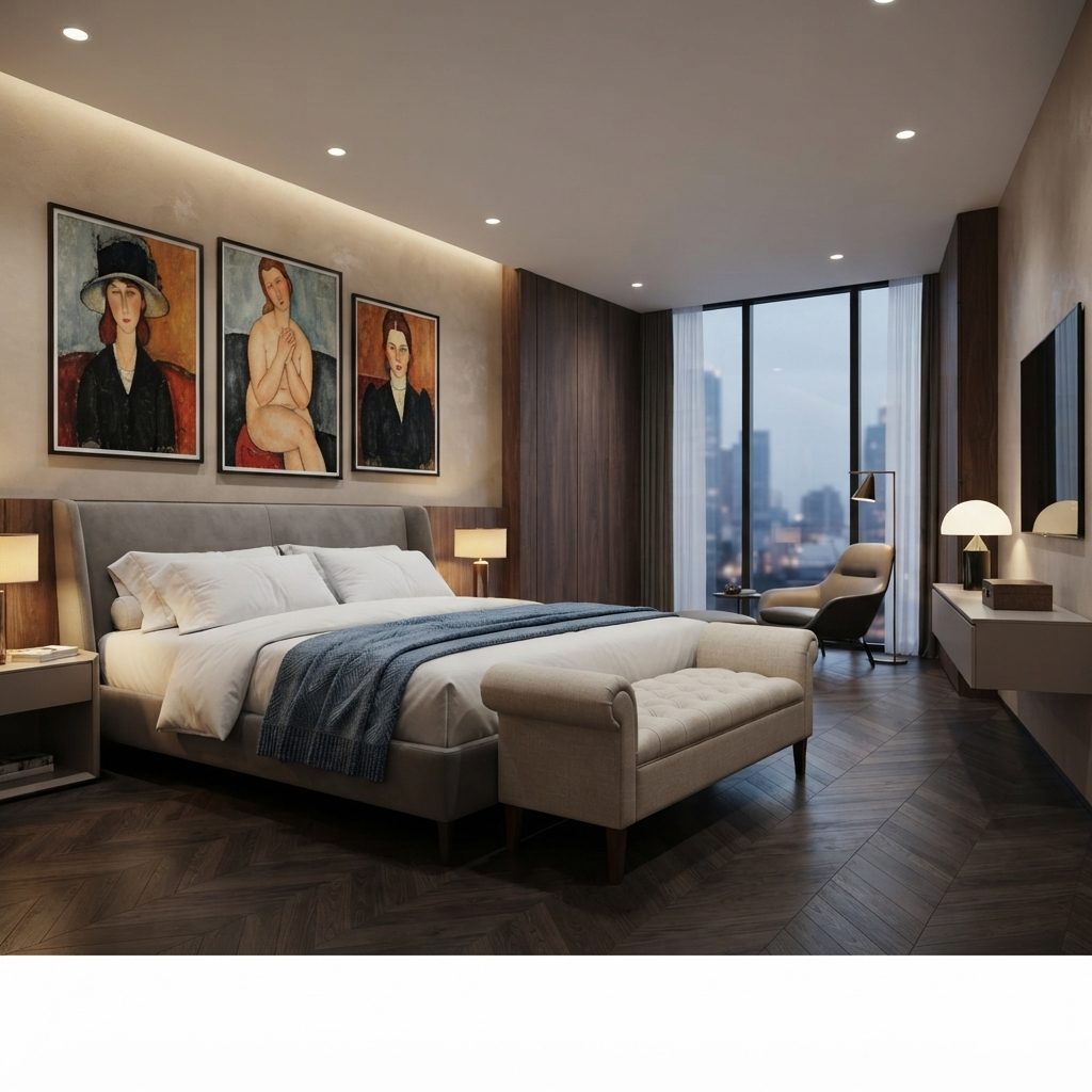 Recamier RE 361 em linho bege claro, ambientado aos pés de cama de casal em quarto com trio de quadros e vista noturna da cidade.