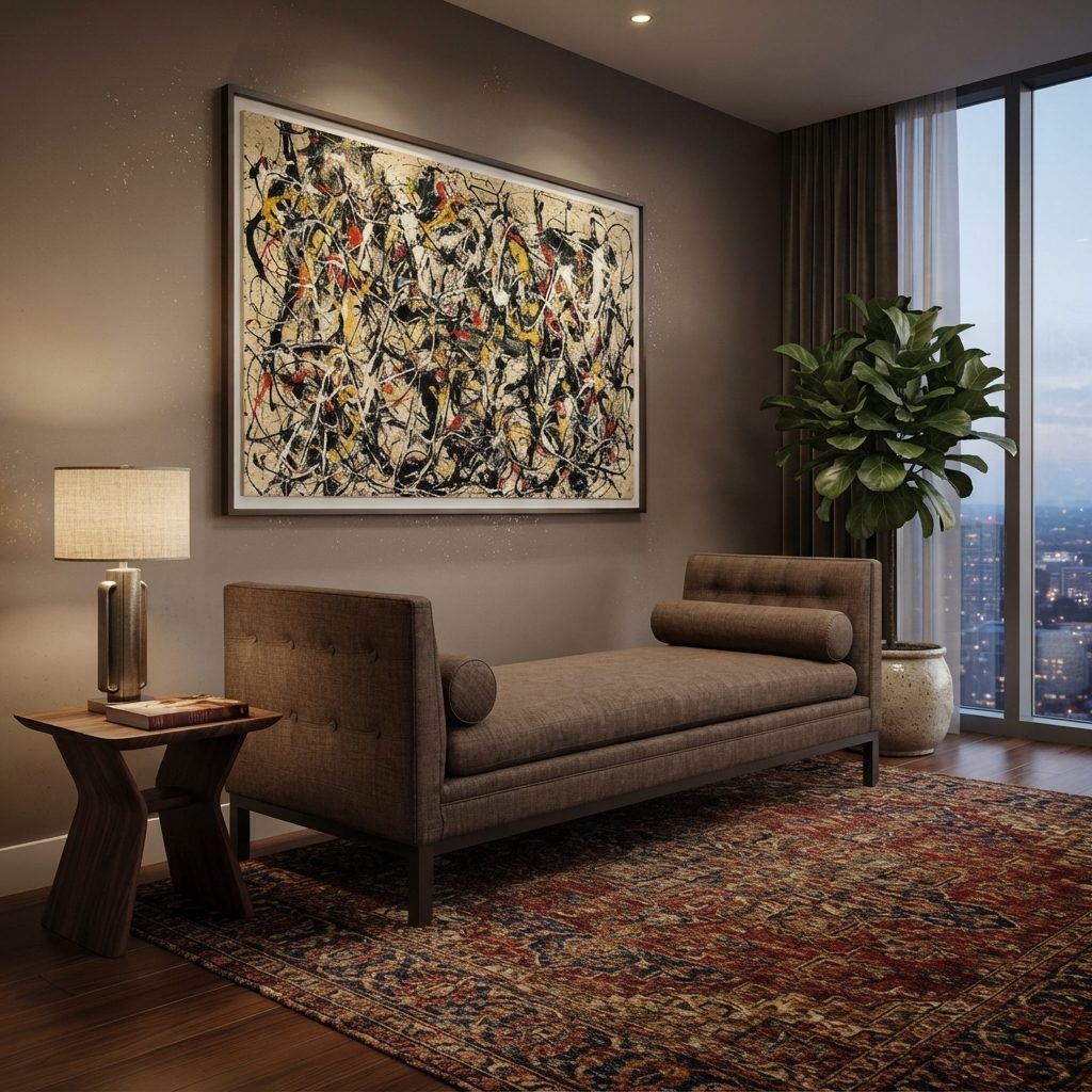 Recamier RE 363 em tecido marrom, numa sala de estar sofisticada com tapete estampado, quadro abstrato e vista noturna da cidade.